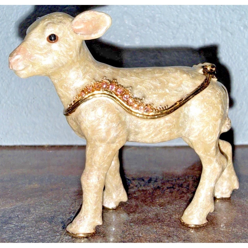 Vintage Jeweled Lamb Trinket Box Enameled Metal Magnetic Hinged Figurine